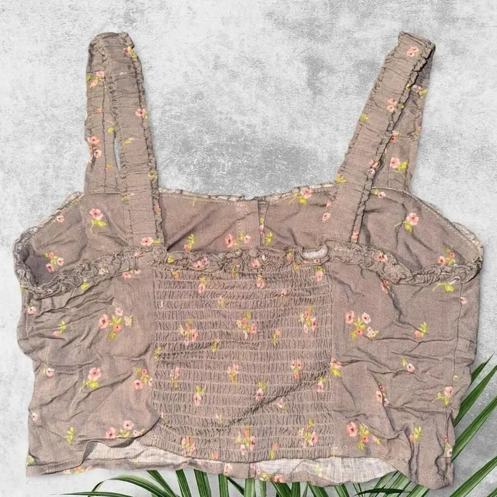 Forever 21 Taupe Floral Print Cropped Tank Top Medium - Picture 2 of 4
